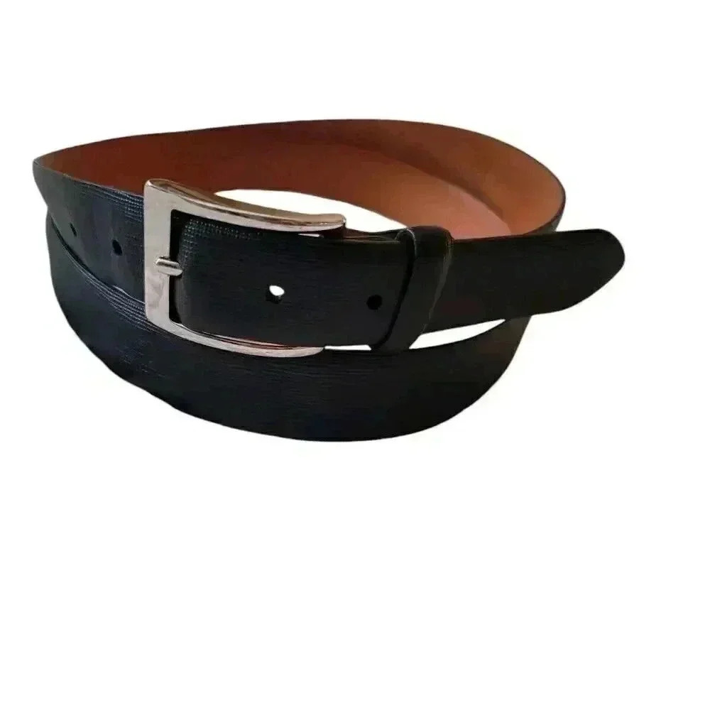 John W. Nordstrom Black Leather Belt Sz 44 Silver Tone Buckle